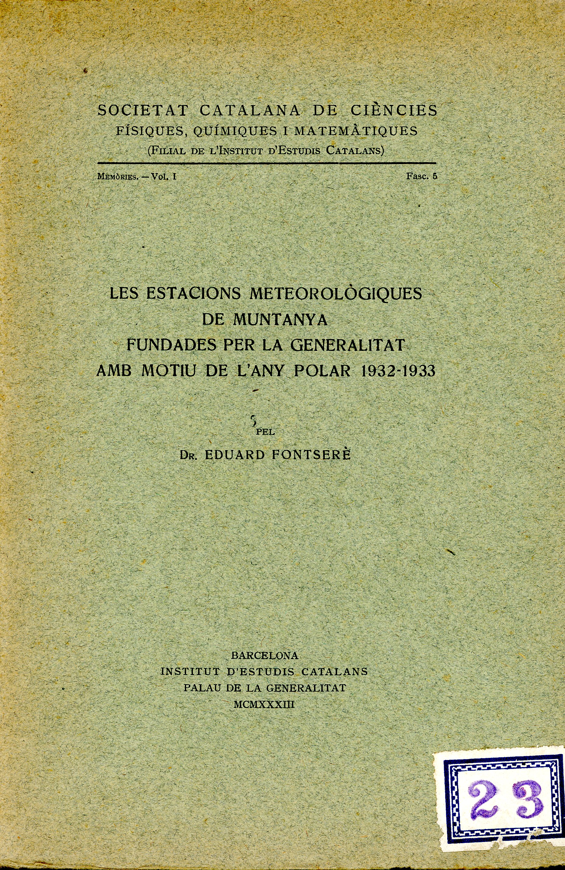 estacions meteorològiques de muntanya fundades per la Generalitat amb motiu de l'any polar 1932-1933 - Portada
